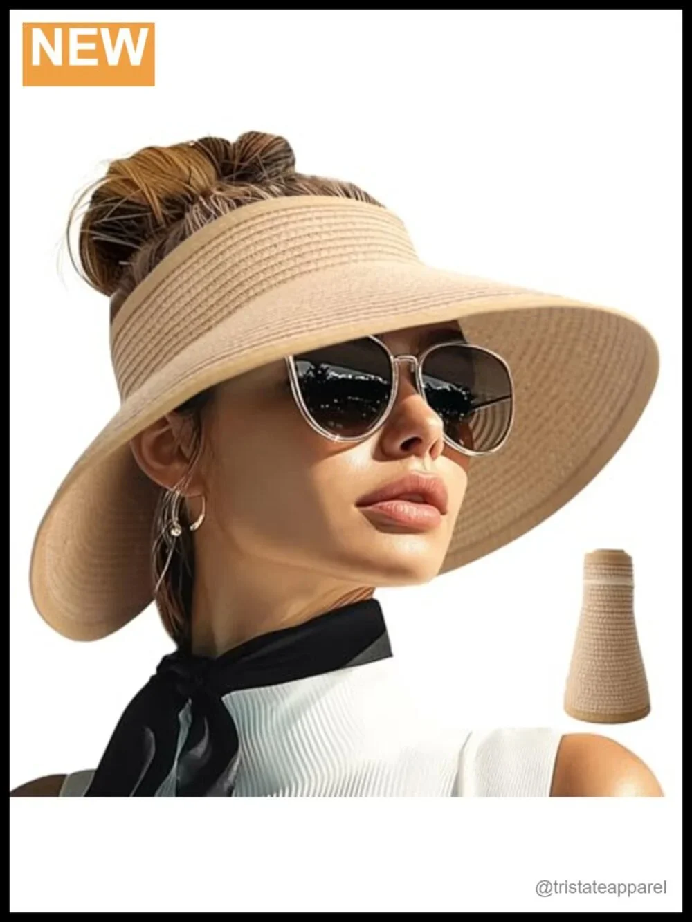 Wide Brim Straw Packable Ponytail Beach Sun Visor UPF 50+
